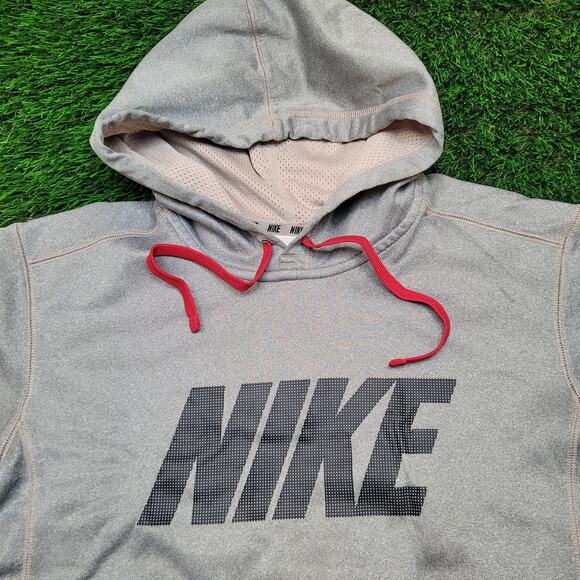 Nike Therma-FIT Hoodie Mens Large (Tagged S) Grey Spell Out Sweatshirt Y2K Style - Picture 2 of 8